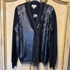 Jamie Gries Black Sequin Sheer Mesh Trim Cardigan Sweater NEW NWOT